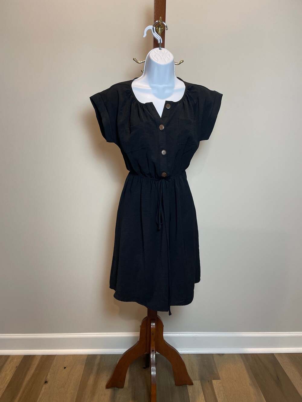 Monteau Black Blouson Mini Dress Short Sleeve Button Front Size S